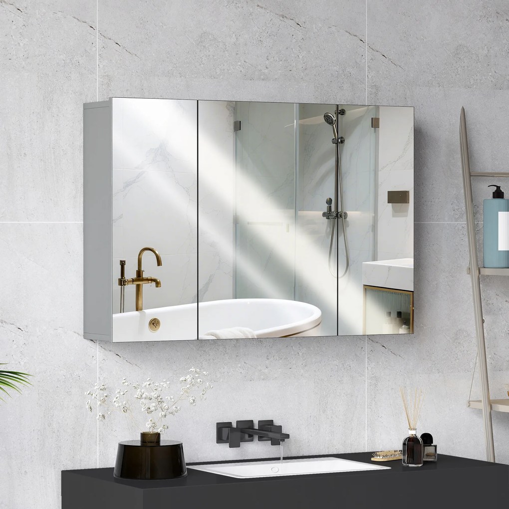 Armário de parede para casa de banho 90 x 15 x 60 cm com 3 portas espelhadas e prateleiras ajustáveis em MDF cinzento