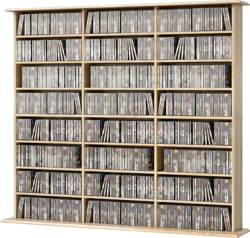 Móvel de arrumação 145 (L) x 24 (P) x 126,3 (A) cm para 1032 CDs / 594 DVDs, estante multimédia, 24 compartimentos e 18 prateleiras ajustáveis, cor ca