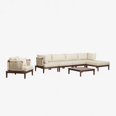 Conjunto De Jardim Com Sofá Modular 4 Peças Com 2 Poltronas De Canto, Mesa De Centro, Puff E Poltrona Em Acácia Giulia Castanho-acácia Escuro - Sklum