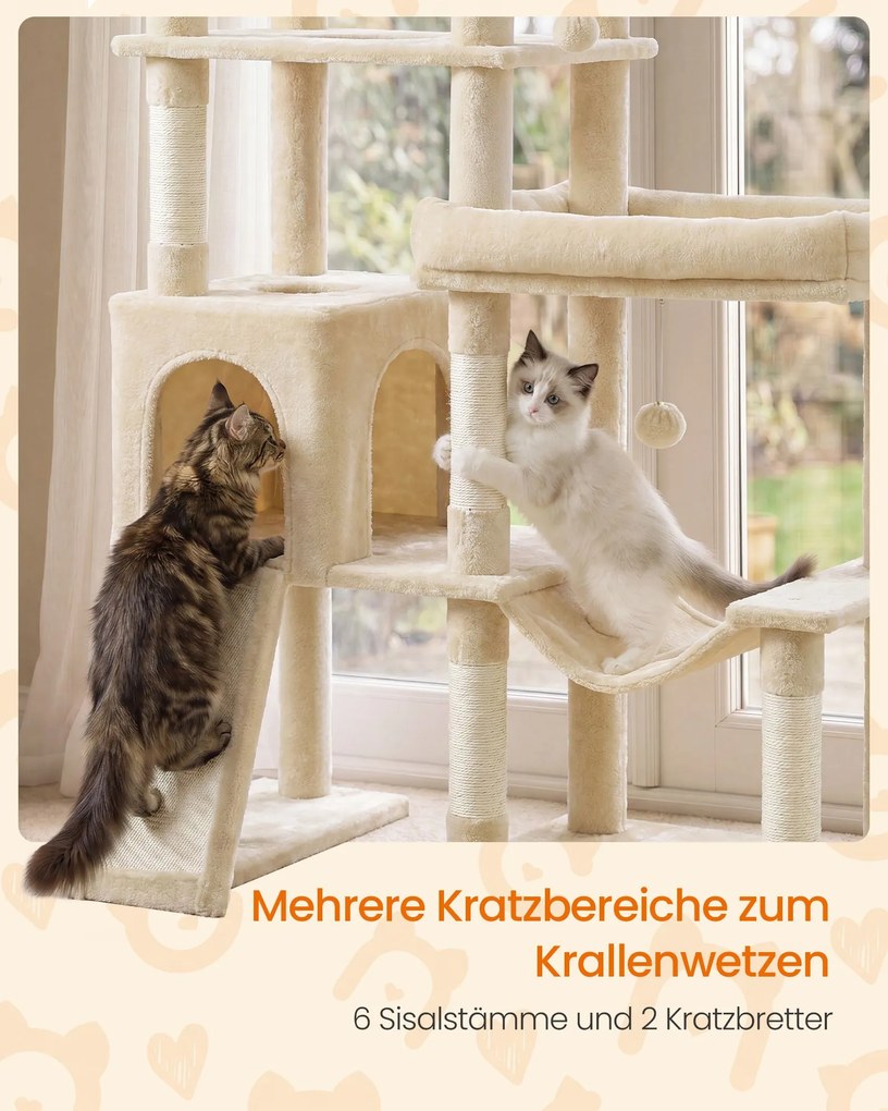 Grande arranhador para gatos 105 x 45 x 202 cm, com 6 áreas de descanso e troncos de sisal em bege