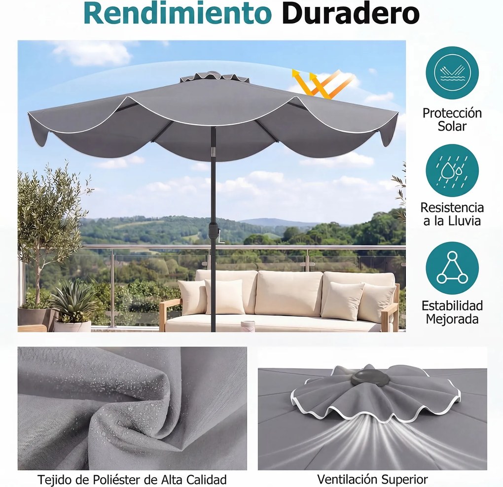 Guarda-sol de 270 cm para terraço exterior com inclinação bidirecional de 30° (BASE NÃO INCLUIDA), 8 varas metálicas, manivela e volantes decorativos
