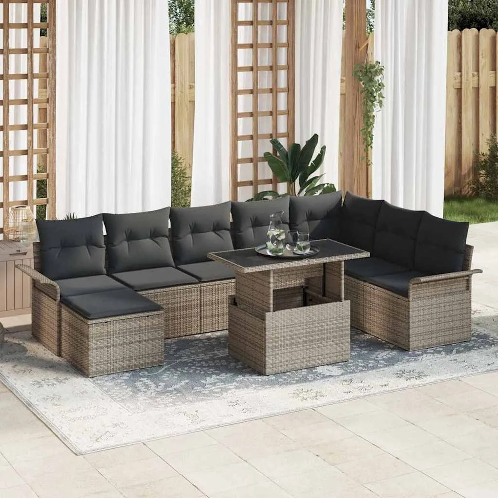 vidaXL Conjunto de sofá de jardim com 9 peças e almofadas cinzas em rattan sintético.