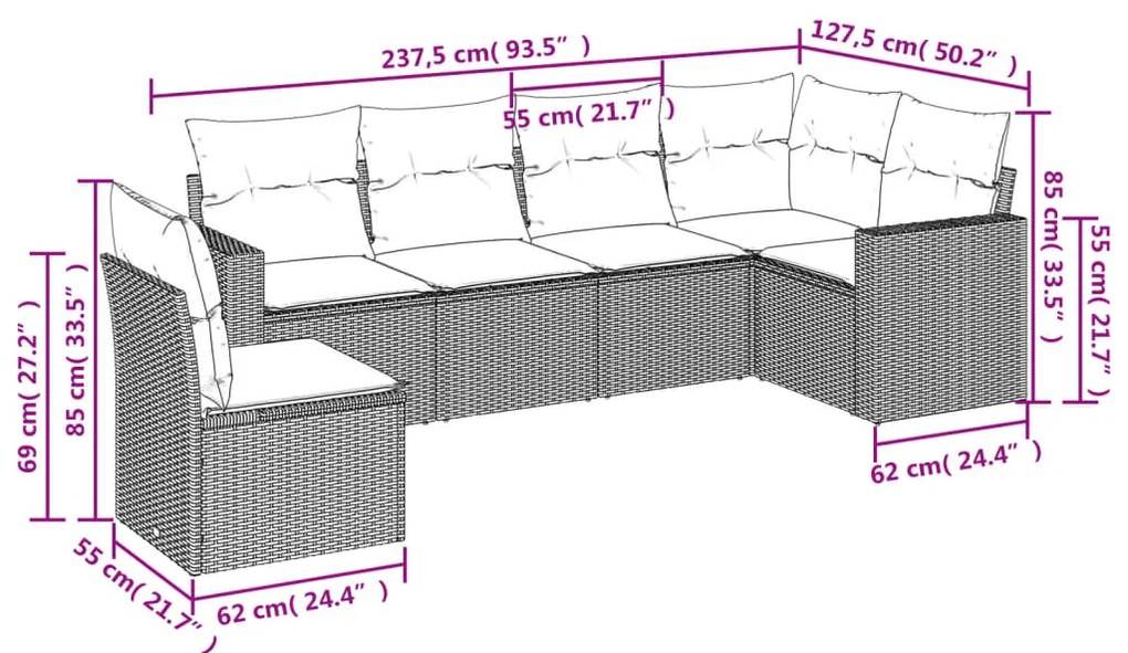 6 pcs conjunto de sofás p/ jardim com almofadões vime PE bege