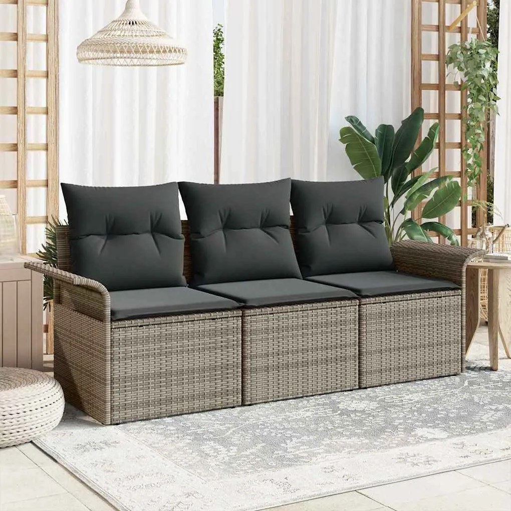 vidaXL Conjunto de sofá de jardim com 3 peças em rattan cinza e almofadas
