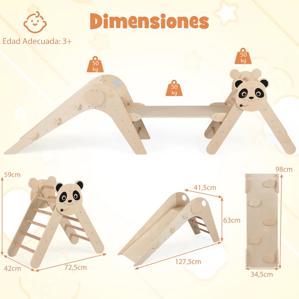 Parque dobrável para escalada para crianças Montessori de escalada em madeira com tema de panda Ginásio interior com escorrega Natural