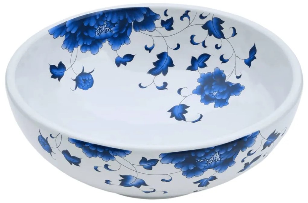 Lavatório de bancada redondo Φ41x14 cm cerâmica branco e azul