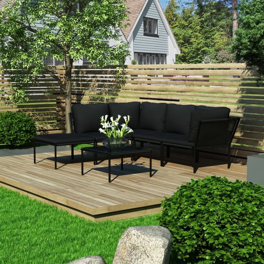 vidaXL 6 pcs conjunto lounge de jardim c/ almofadões PVC preto