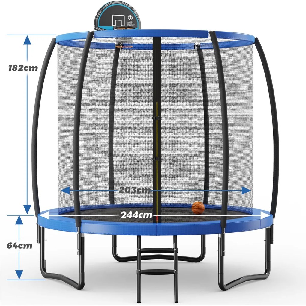 Trampolim ao ar livre 245 cm com cesto de basquetebol, almofada de segurança e escada para crianças e adultos azul e preto