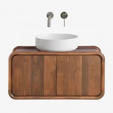 Conjunto De Móvel De Casa De Banho Suspenso 90x45 Cm Em Madeira De Manga Maupaul Madeira De Cabo Escuro & Cerâmica Redonda Branca Ø40 - Sklum