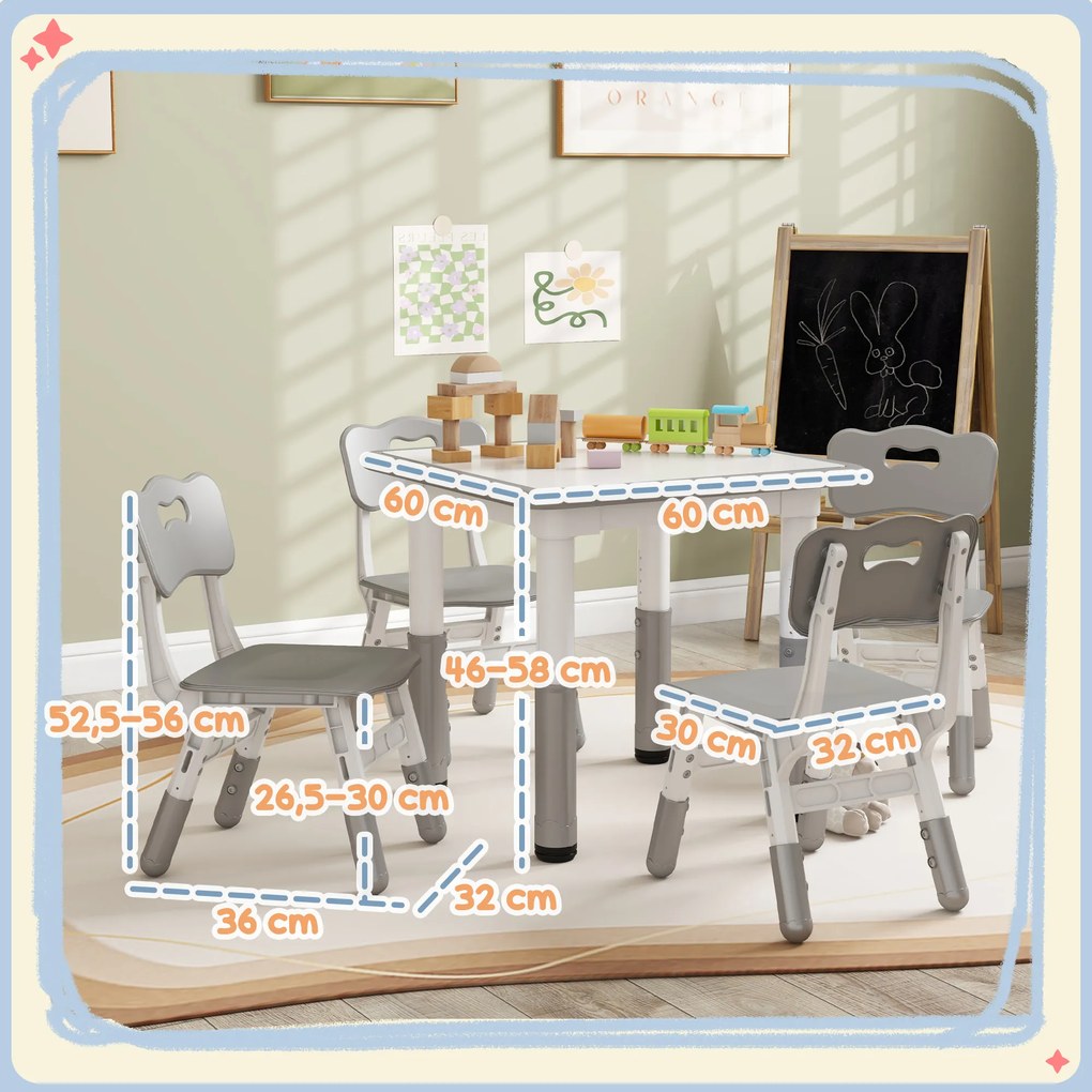 Conjunto de 1 mesa e 4 cadeiras para crianças com altura ajustável, conjunto de 5 peças, cinzento