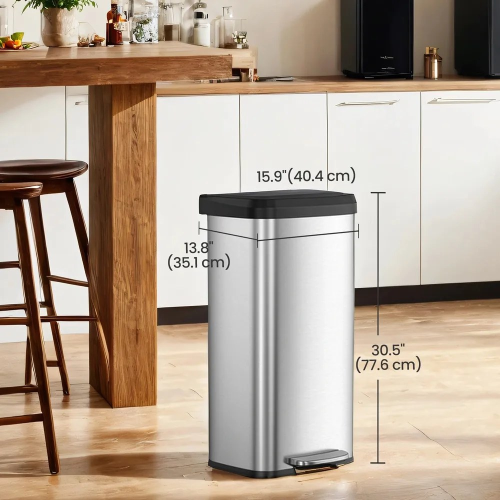 Caixote do lixo para cozinha 68 litros 40,4 x 38 x 77 cm em metal com tampa prateada-preta