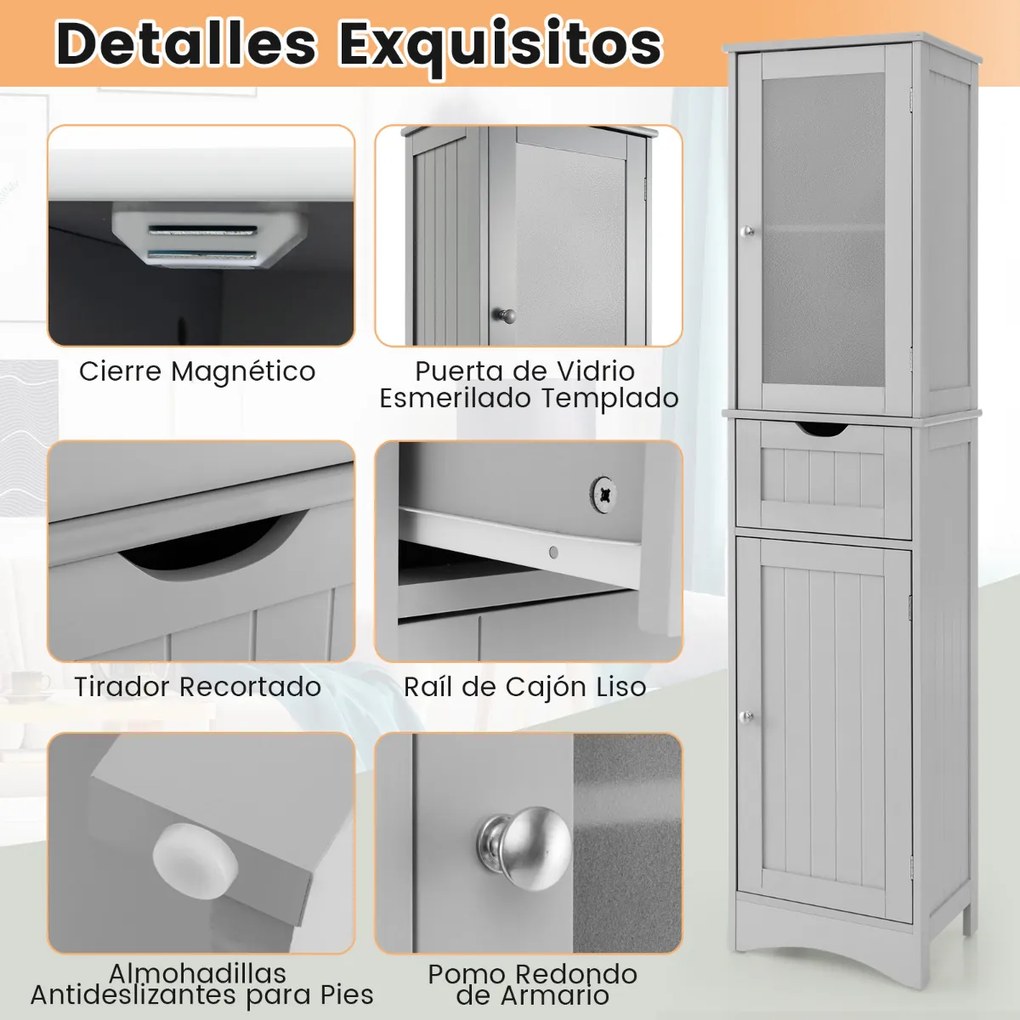 Armário Alto de Casa de Banho com 2 Portas e 1 Gaveta, 40 x 30 x 170 cm, Prateleiras Ajustáveis, Cinzento