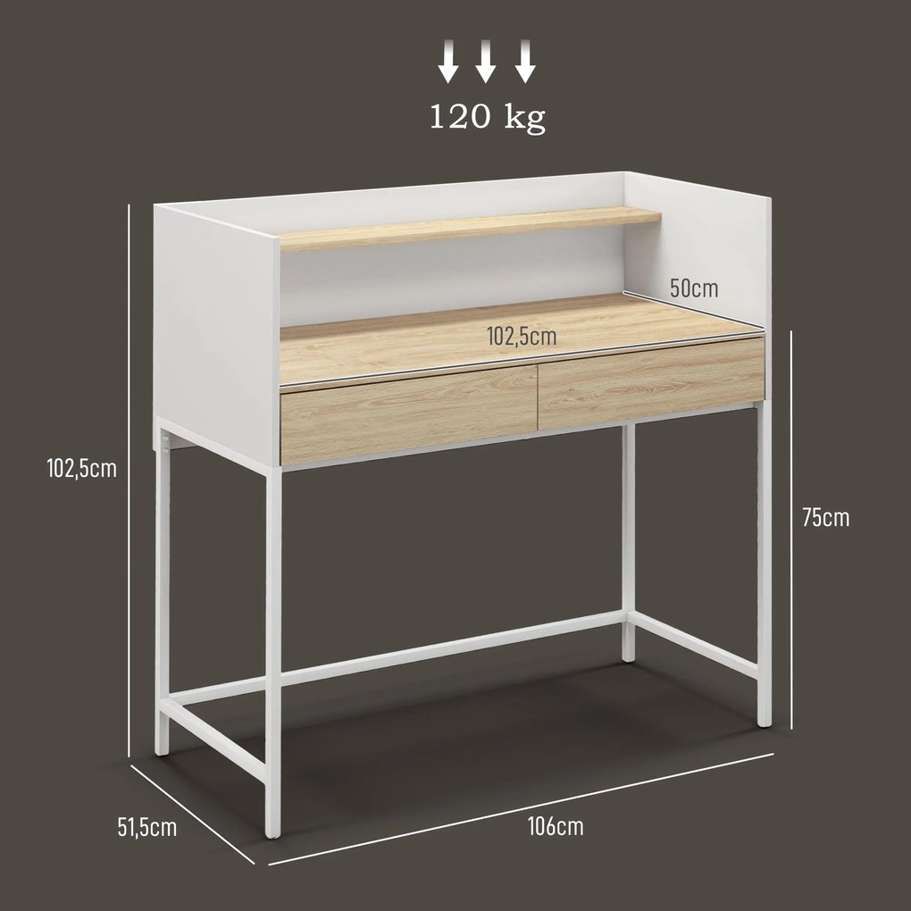 Secretária Moderna Mesa de Escritório com 2 Gavetas e Prateleira Mesa de Estudo 106x51,5x102,5 cm Branco e Carvalho