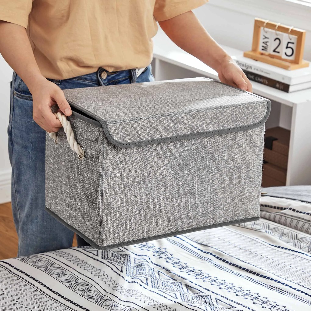 conjunto de 3 Caixas arrumação : 38 x 25 x 25 cm de tecido com tampa cinzentas