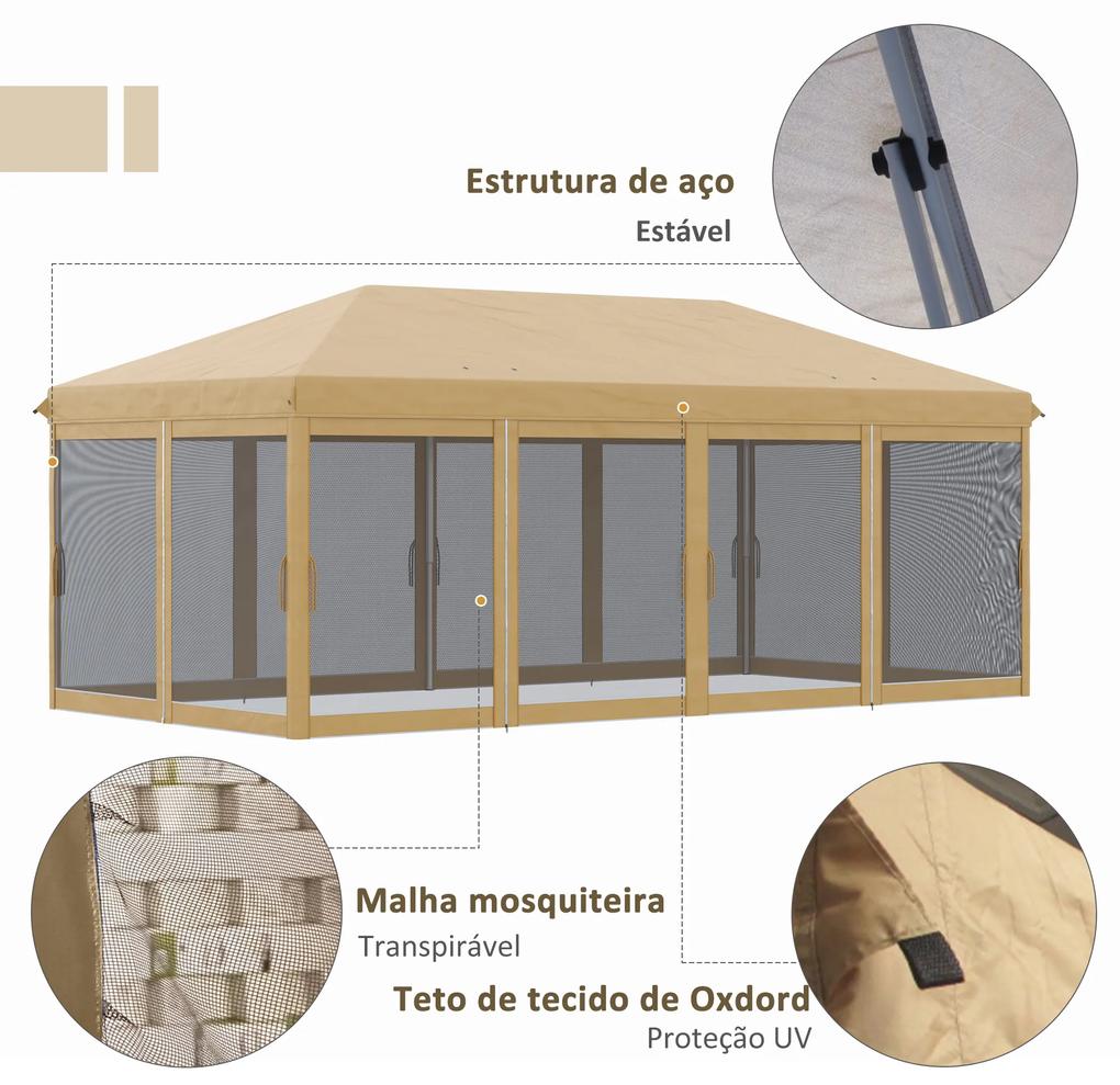 Tenda para Festas 6x3 m Tenda de Jardim com 6 Mosquiteiros Bolsa de Transporte e Estrutura de Aço para Campismo Festas Bege
