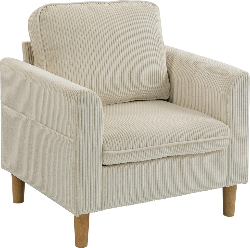 Poltrona de sala em veludo canelado 83 x 74 x 87 cm, sofá de 1 lugar estofado com assento largo e almofada com molas, bege