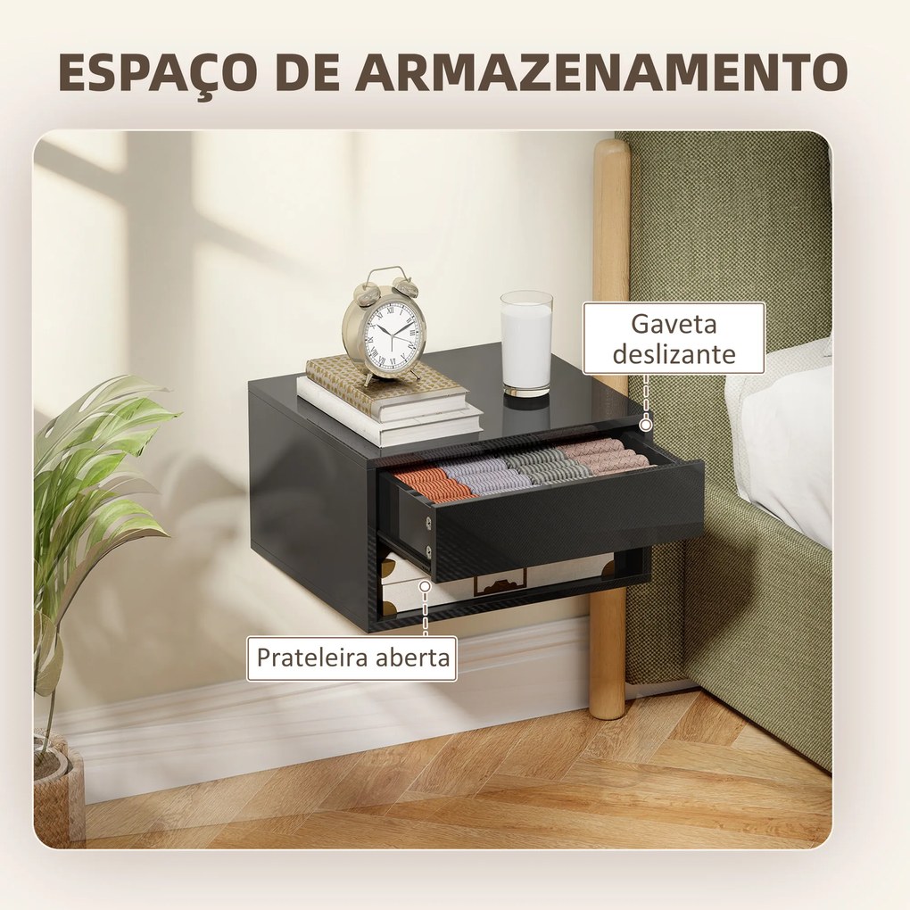Conjunto de 2 Mesas de Cabeceira de Parede Mesas de Cabeceira Gaveta Compartimento Aberto Tampo 37x32x21 cm Preto