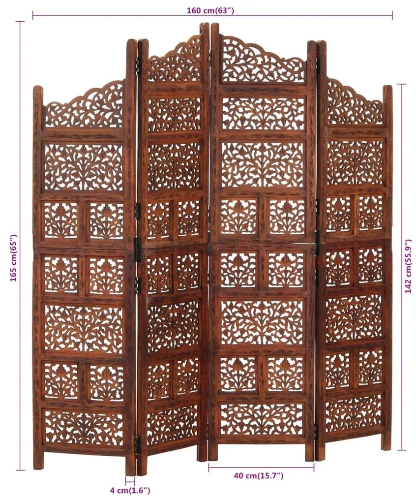 Biombo esculp mão 4 painéis 160x165cm mangueira maciça castanho