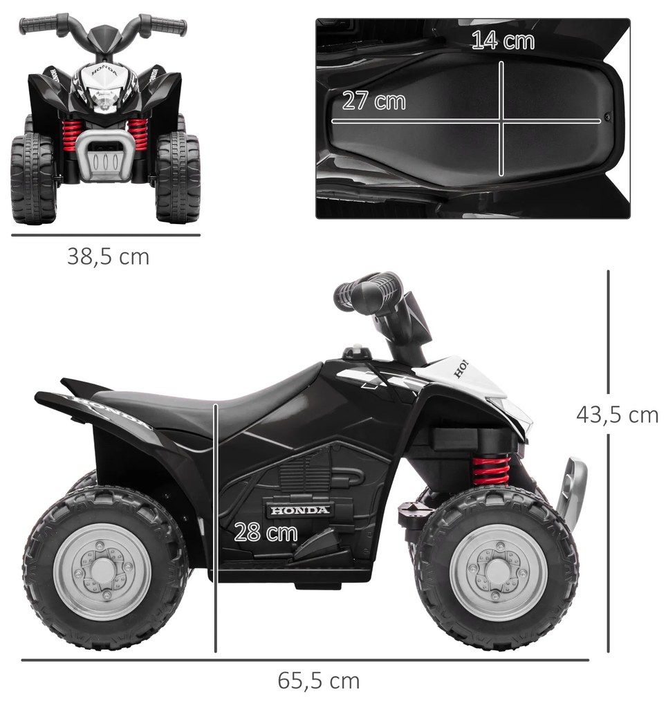 Moto 4 Elétrica HONDA para Crianças Bateria 6V com Faróis LED Buzina Velocidade de 2,8km/h 65,5x35,5x43,5 cm Branca e Preto