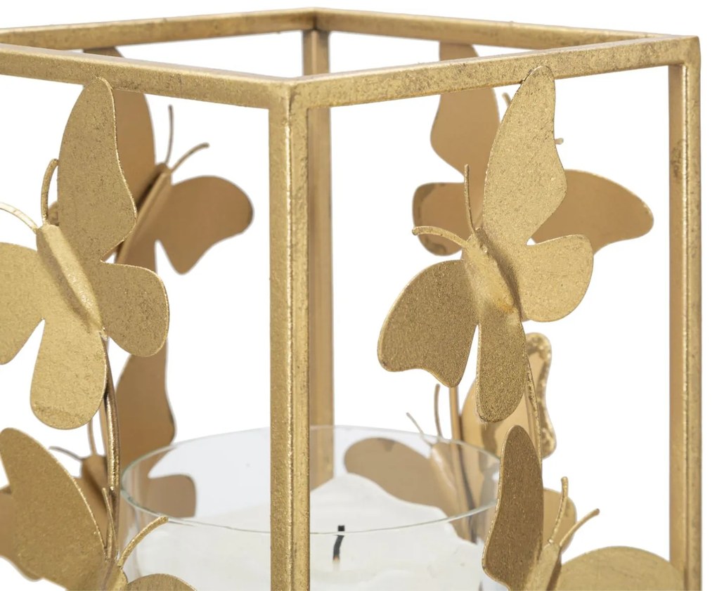 Castiçal "Glam Butterfly" em Metal Dourado – 14x14x29 cm