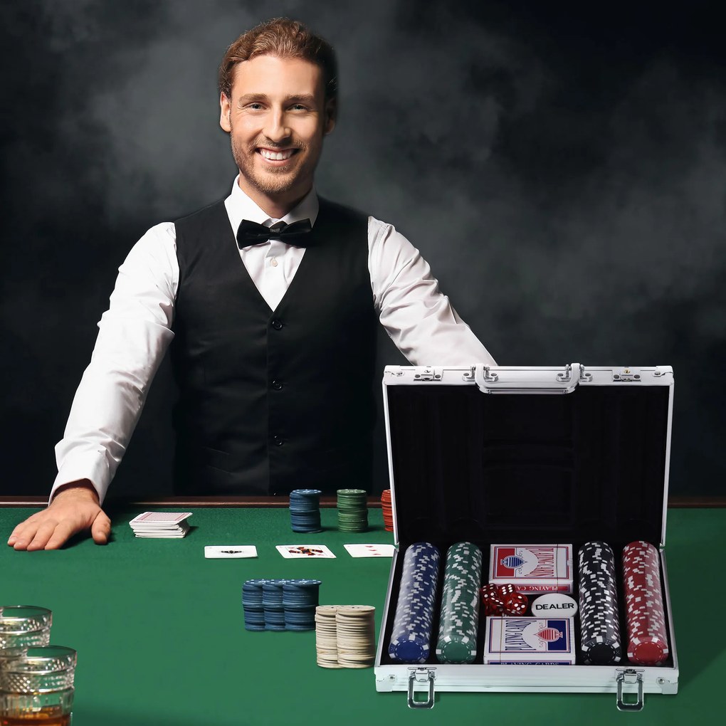 Mala de Pôquer Profissional com 200 Fichas Jogo de Pôquer Casino com Maleta de Alumínio 5 Dados 2 Baralhos de Cartas e 1 Ficha de Dealer 29,5x20,5x6,5