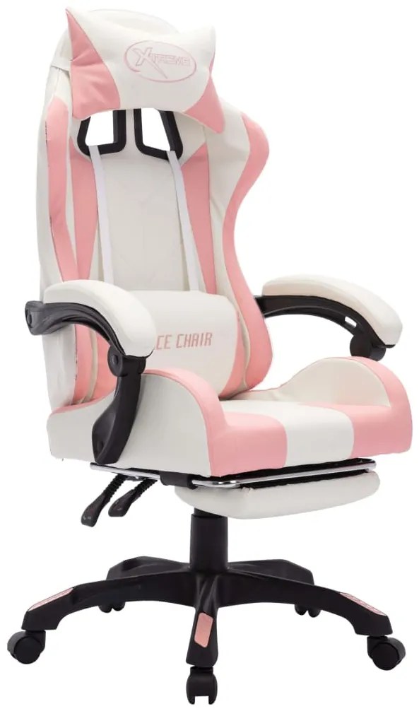 Cadeira estilo corrida c/ luzes LED RGB couro arti. rosa/branco