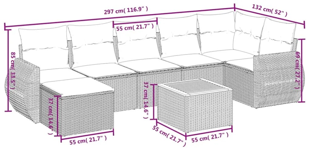 8 pcs conjunto de sofás p/ jardim com almofadões vime PE bege