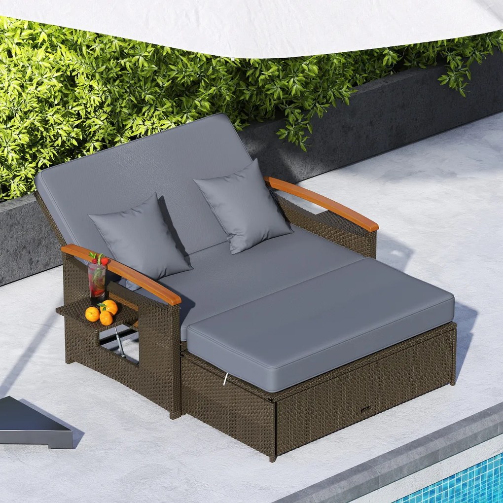 Sofá-cama de rattan para exterior com apoio para os pés com arrumação Encosto ajustável em 4 níveis e tabuleiros laterais retrácteis Castanho/cinzento