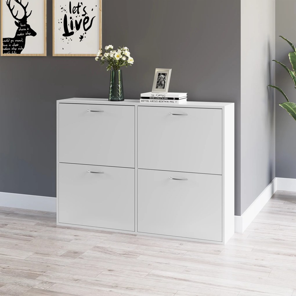 HOMCOM Móvel Sapateira Branca Sapateira Moderna com 4 Gavetas Abatíveis e Prateleiras Ajustáveis para 16-24 Pares de Sapatos para Corredor Entrada 120x24x81 cm Branco