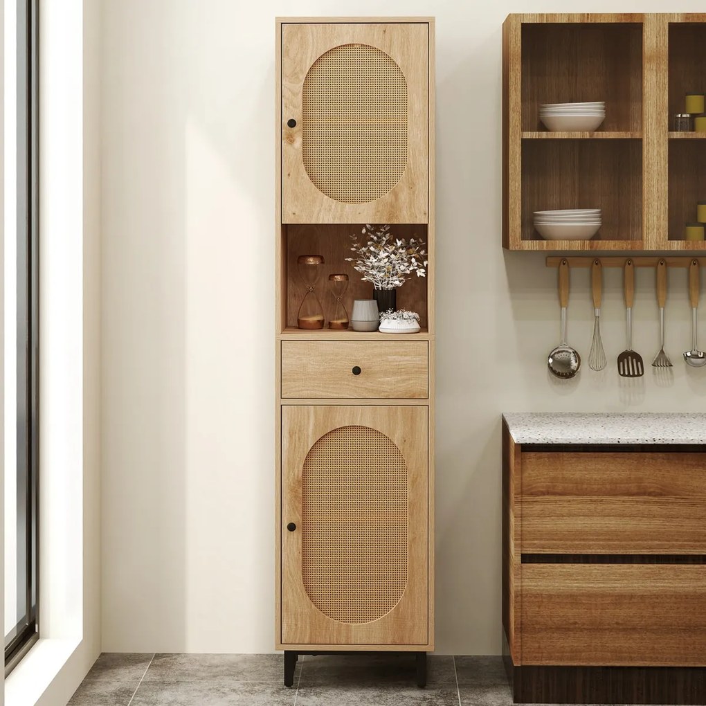 Armário estreito 170 cm de altura de rattan com portas, estantes e gavetas para sala de estar e jantar Natural