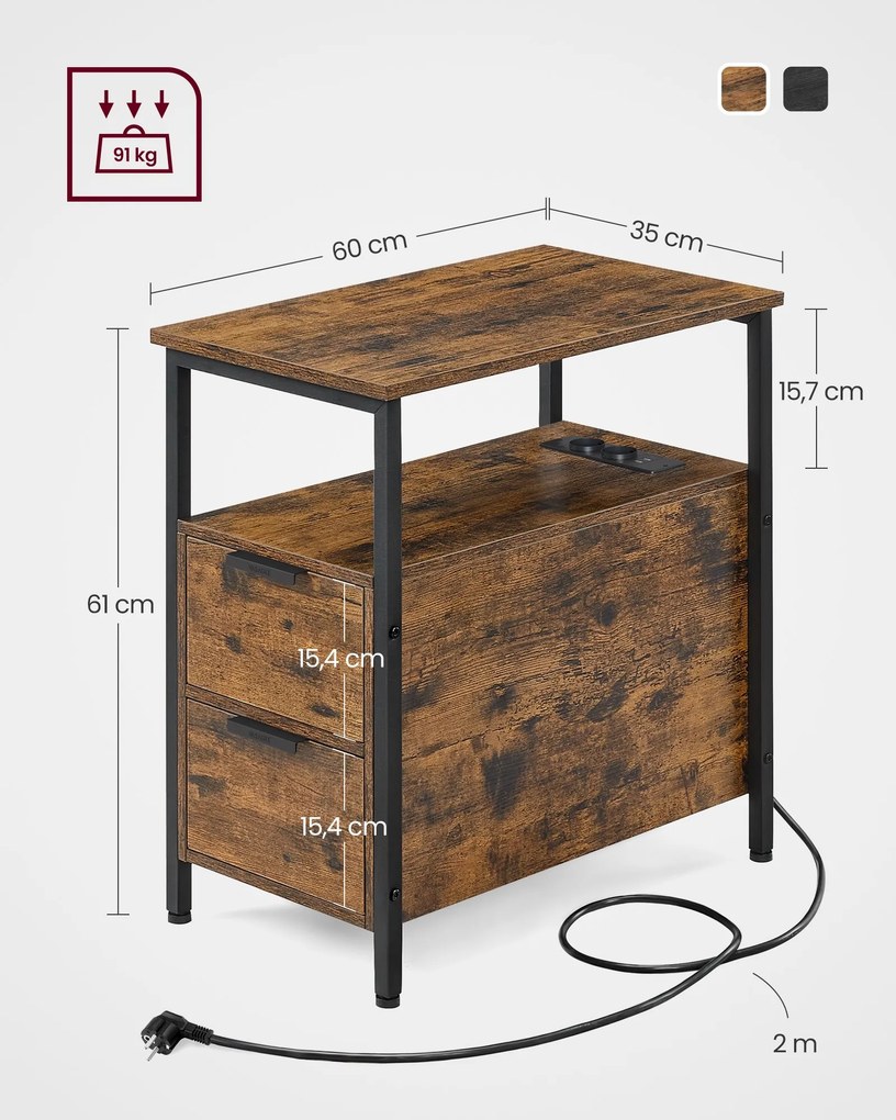 Mesa apoio 60 x 35 x 61 cm com extensão elétrica e 2 gavetas Castanho vintage - Preto