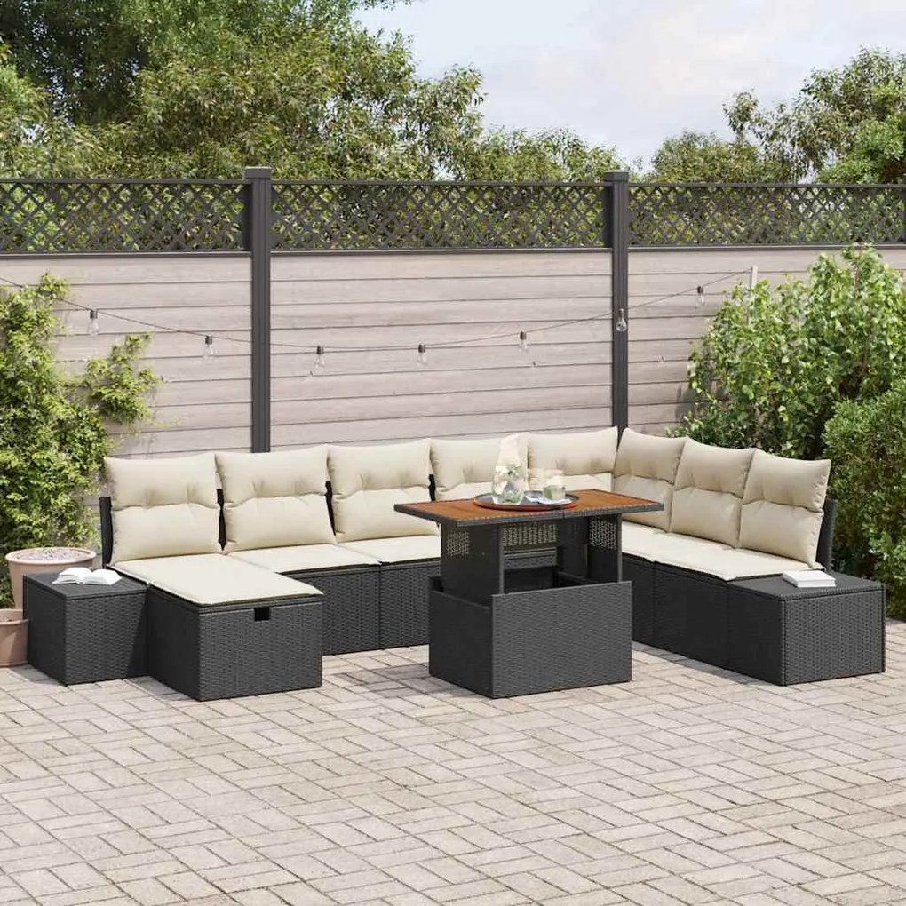 vidaXL Conjunto de Jantar para Jardim com 9 Peças e Almofadas em Rattan Preto e Madeira de Acácia