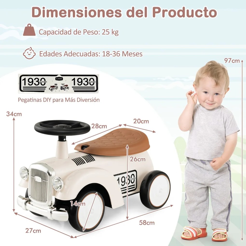Andarilho de brincar carro retro para crianças, sem pedais, com arrumação e rodas em EVA Branco