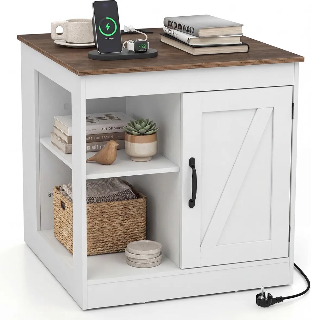 Mesa apoio, mesa cabeçeira Rústica 60 x 60 x 61 cm com Estação de Carregamento, com Porta Deslizante para Quarto e Sala Branco + Natural