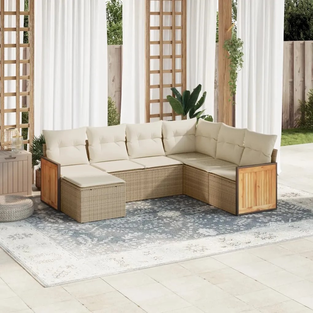 7 pcs conjunto de sofás p/ jardim com almofadões vime PE bege