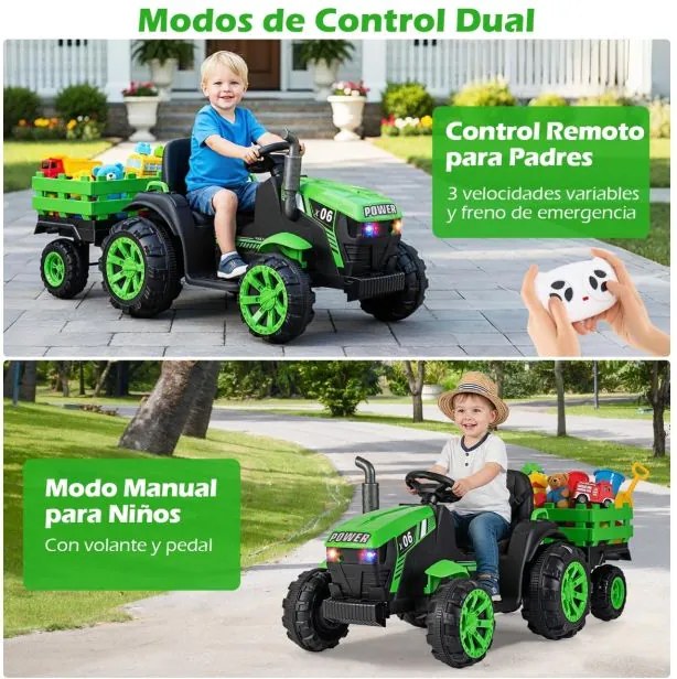 Trator elétrico para crianças 24V com faróis LED RGB Música Porta USB Reboque removível e controle remoto Verde