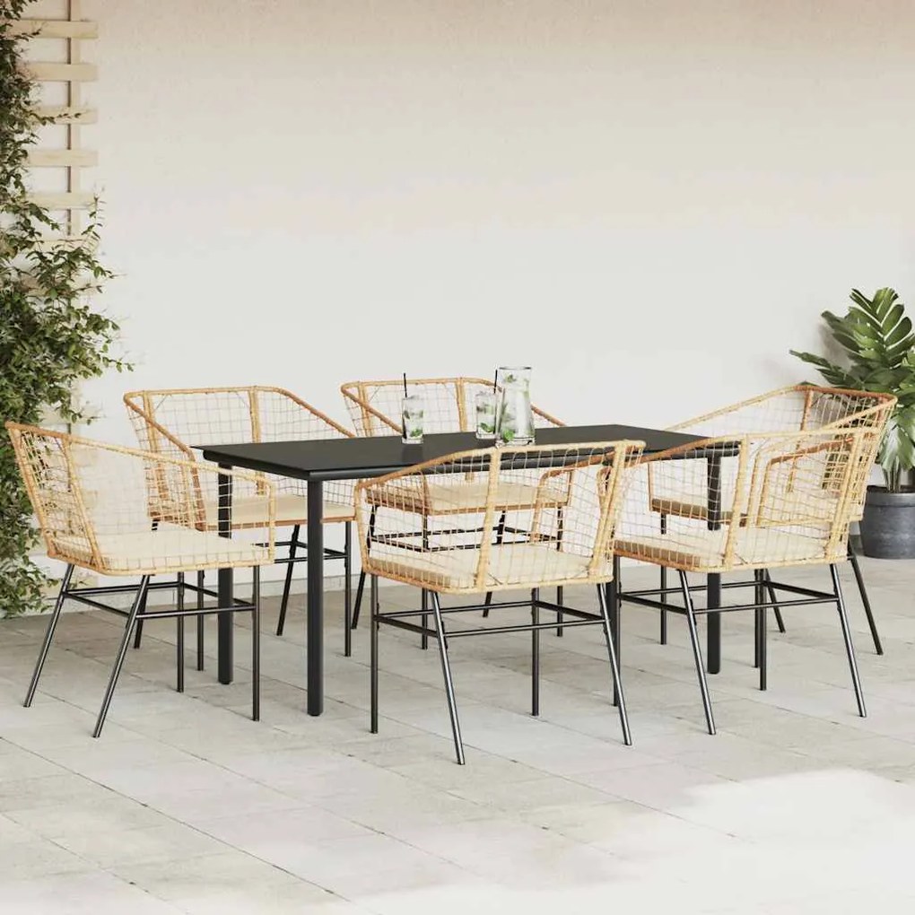 Conjunto jantar jardim 7 peças almofadas vidro vime PE castanho