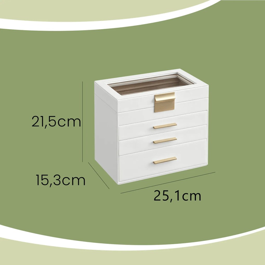 Caixa para joias com 4 níveis e tampa de vidro 15,3 x 25,1 x 21,5 cm Branca