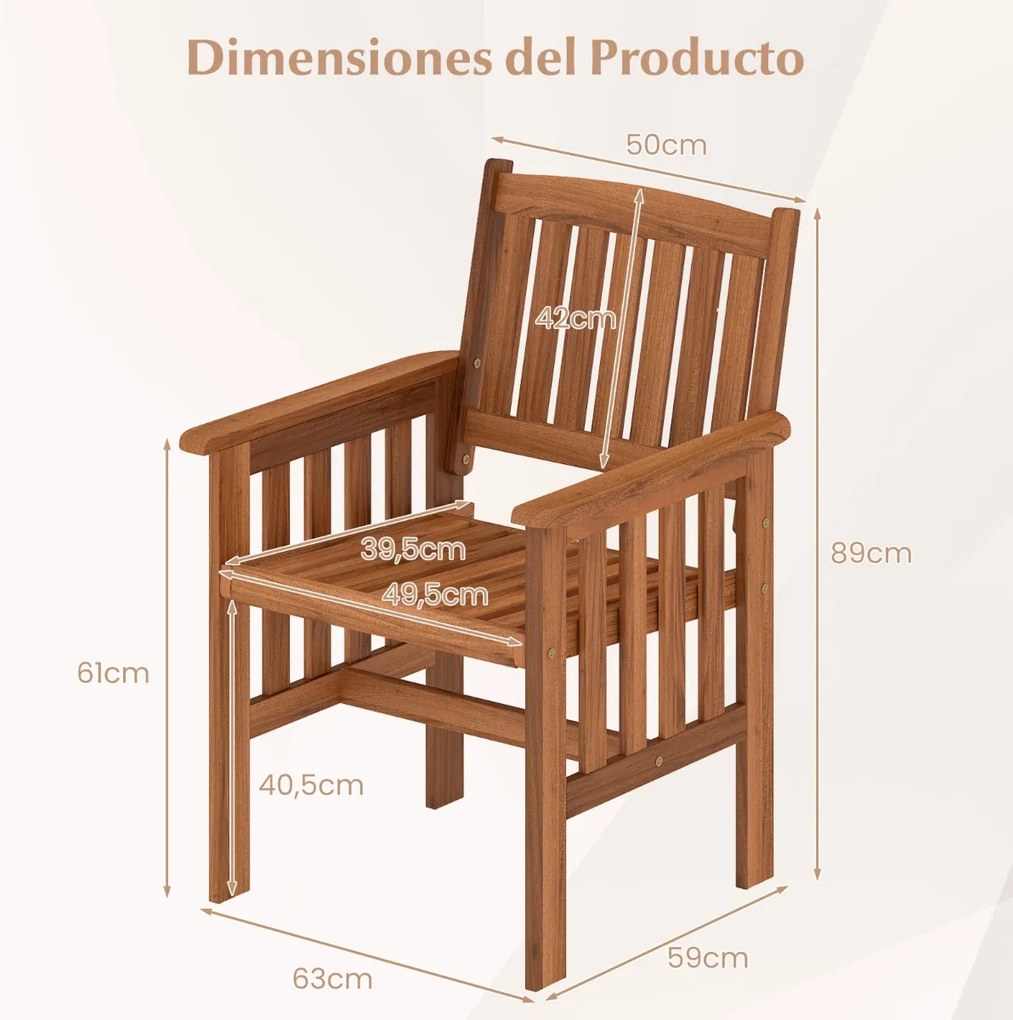 Conjunto de 2 cadeiras de jardim para exterior em madeira maciça, com encosto inclinado e assento em ripas, para varanda, pátio, terraço ou piscina Na