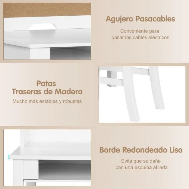 Conjunto de secretária e cadeira para crianças com Gavetas e Estantes Branco