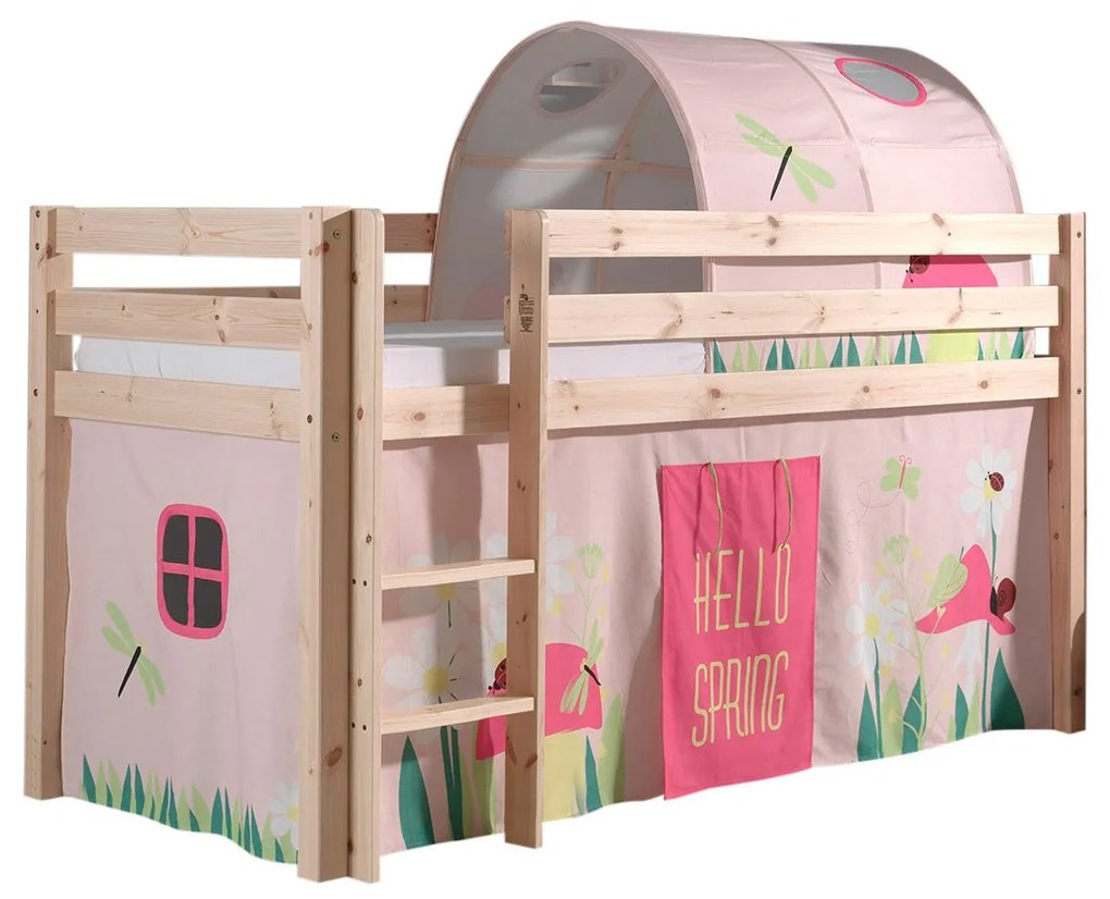 Conjunto Cama alta de Criança PINO 90 x 200 cm + estrado + escada + cortina + túnel Princesa Natural