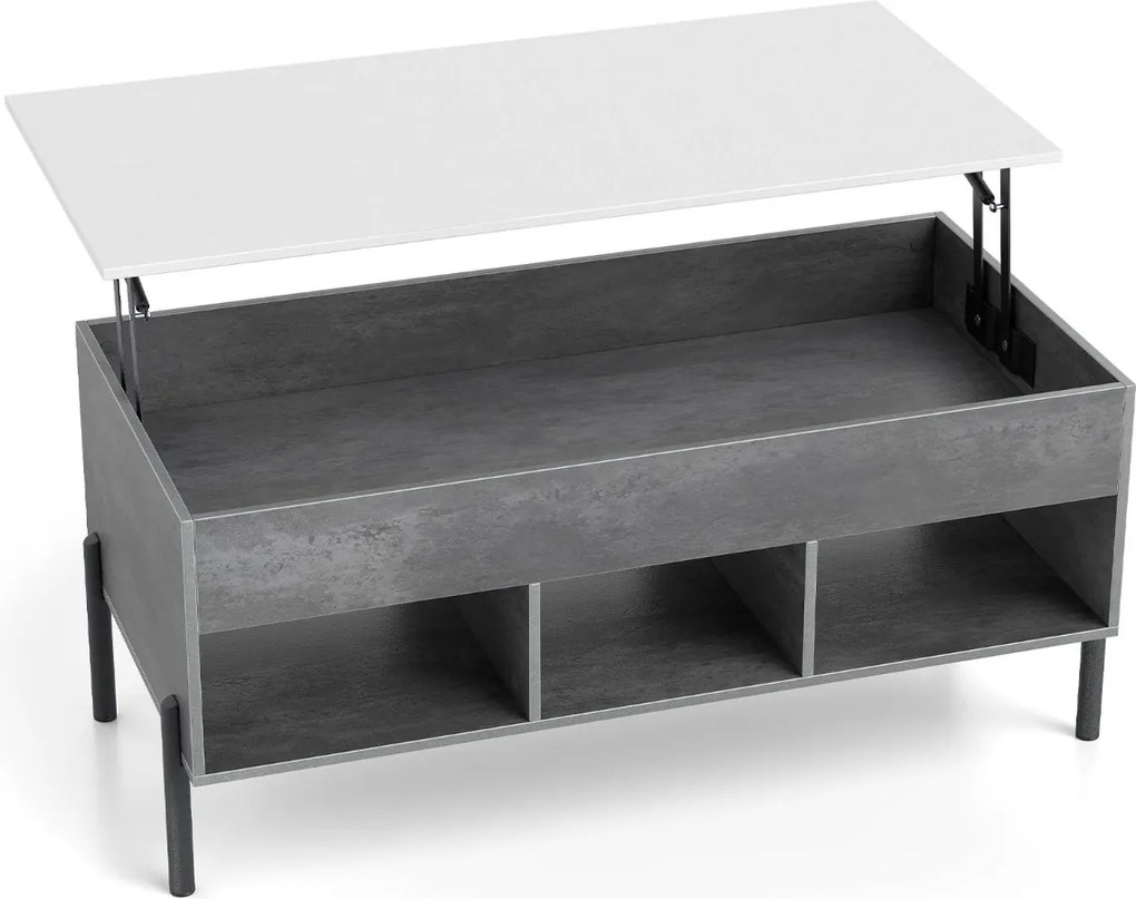 Mesa de centro 100 x 50 x 45 cm elevável com tampo ajustável, amplo compartimento oculto e 3 espaços abertos, com pés em metal cinzenta