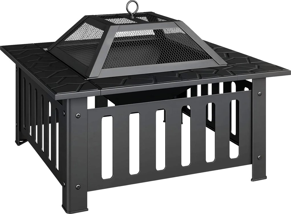 Outsunny Braseiro Exterior Quadrado em Aço, 67x67x47 cm, com Atiçador e Tampa de Malha, para Festas, Preto | Aosom Portugal