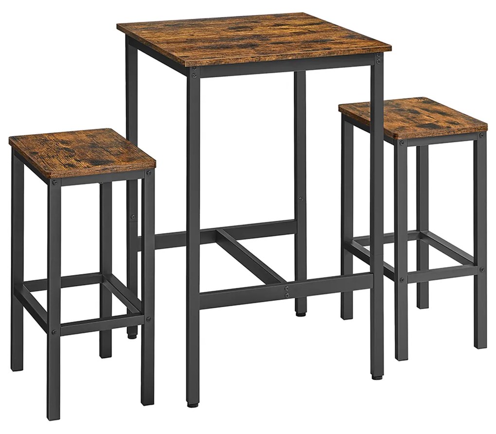 Mesa de bar VASAGLE com conjunto de bancos de bar, mesa de jantar com 2 cadeiras, mesa de cozinha pequena 60 x 60 x 90 cm, cadeiras de bar 30 x 40 x 65 cm, para sala de jantar, cozinha, design industrial, marrom vintage/preto LBT017B01