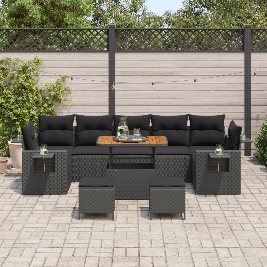Conjunto de Sofá de Jardim de 10 Peças com Almofadas Rattan Poli Preto