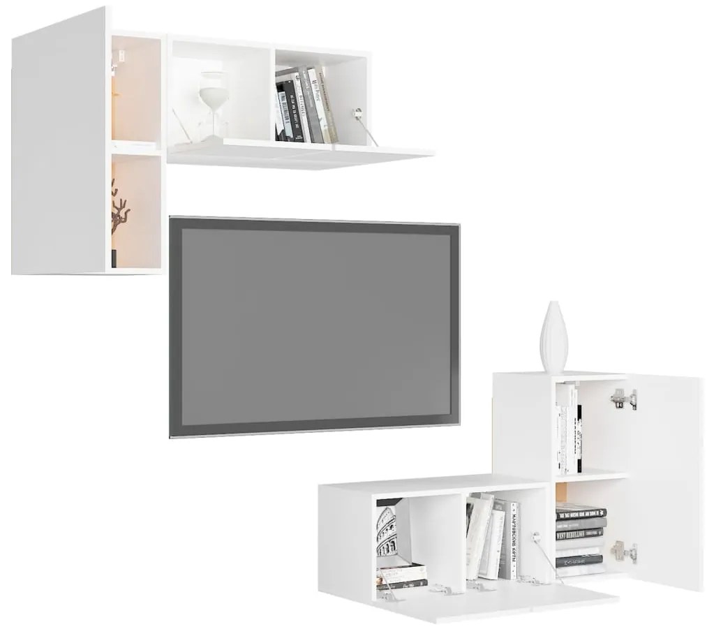 4 pcs conjunto de móveis de TV derivados de madeira branco