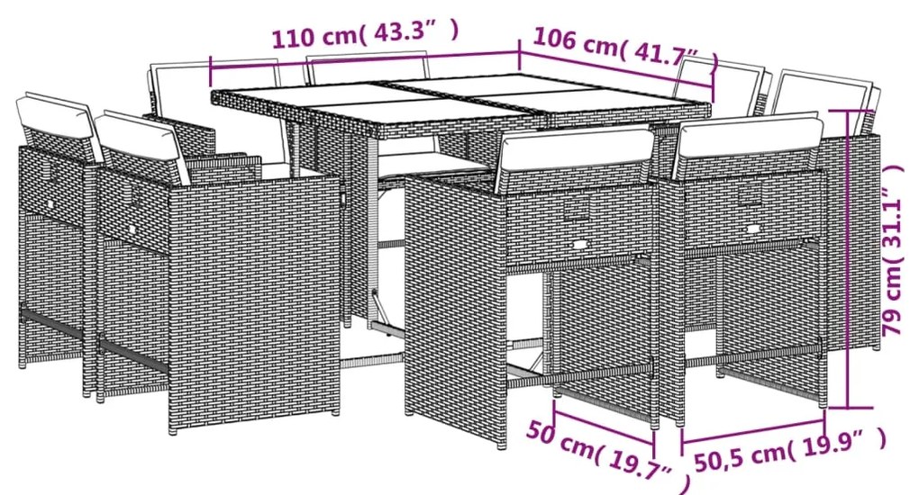 9 pcs conj. jantar jardim c/ almofadões vime PE bege misturado