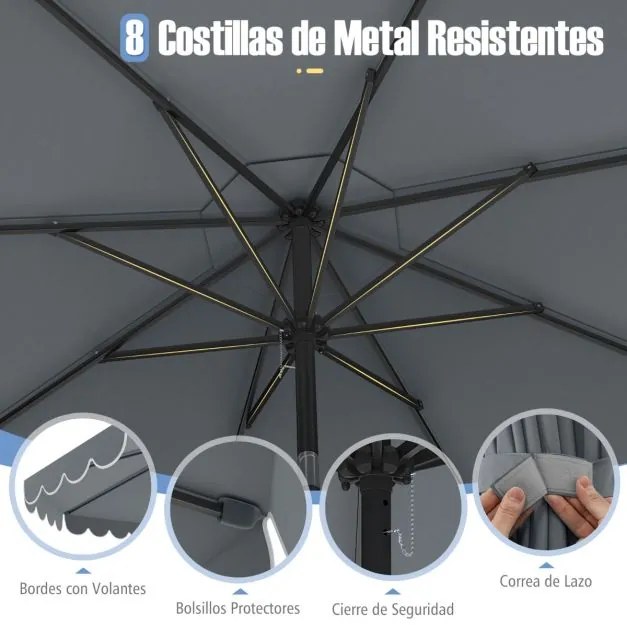 Guarda-sol 300 x 251 cm com manivela, inclinação com botão, ventilação superior e 8 varas para piscina ou praia, cinza