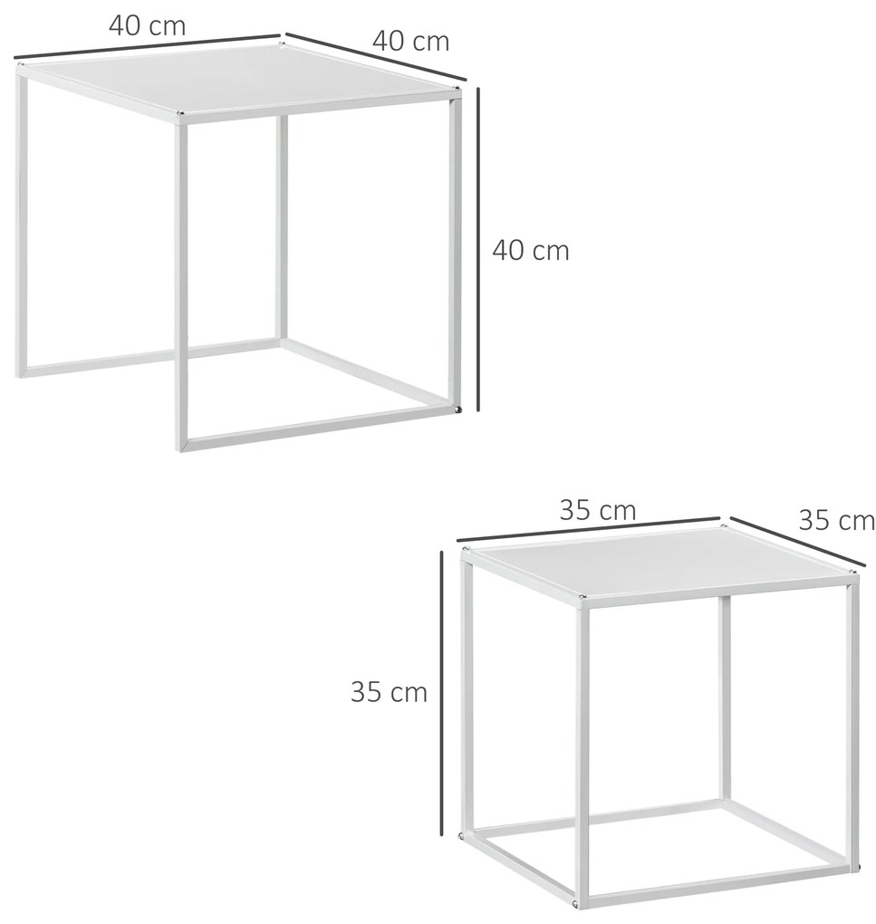 Conjunto de 2 Mesas Mesas de Centro Quadradas para Sala de Estar Estrutura de Aço Grande 40 cm Pequena 35 cm Branco