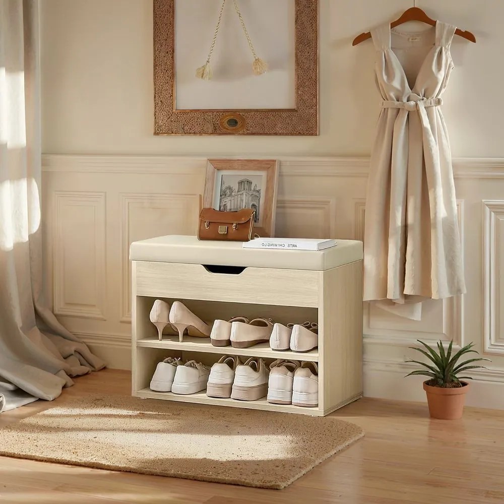 Banco almofadado para sapatos com 3 níveis 30 x 60 x 44 cm bege